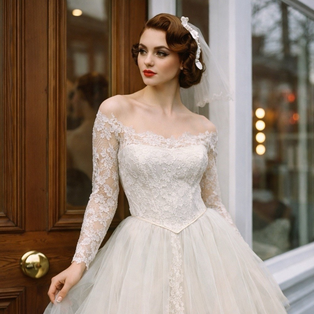 Vtg 50s Maurer Wedding Dress Tea Length Tull Lace Illusion Button Back Basque